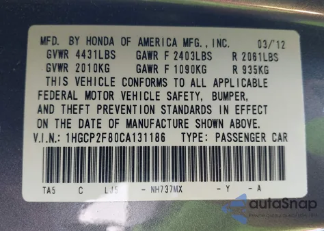2012 Honda Accord 2.4 Ex-L z USA, uszkodzony, nr VIN 1HGCP2F80CA131186